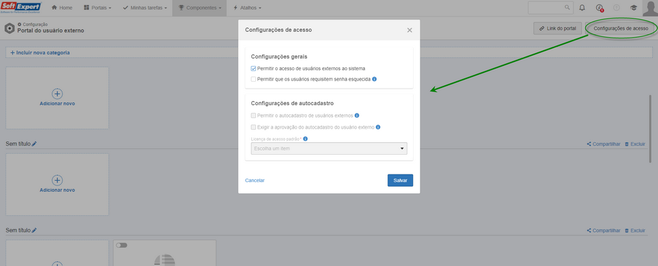 Configuração para habilitar o Portal do usuário externo