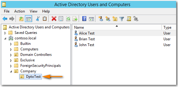 Exemplo de apresentação do Active Directory Users and Computer